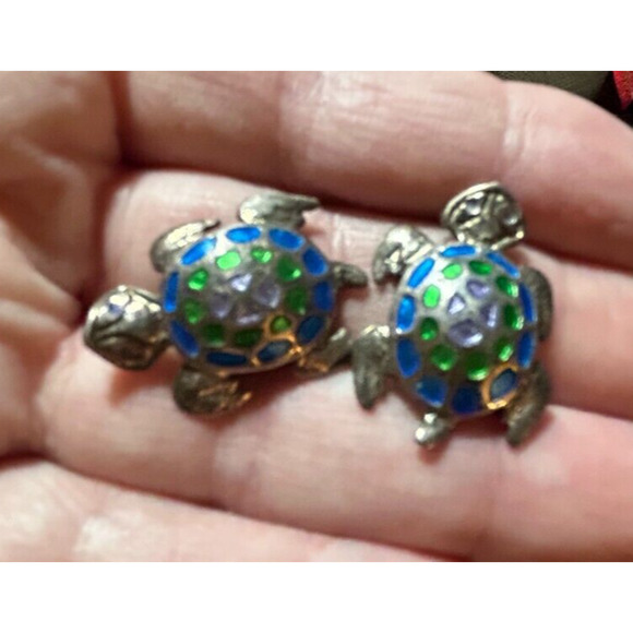 Vintage Sterling Silver 925 Enamel Turtle Stud Earrings - Picture 6 of 16